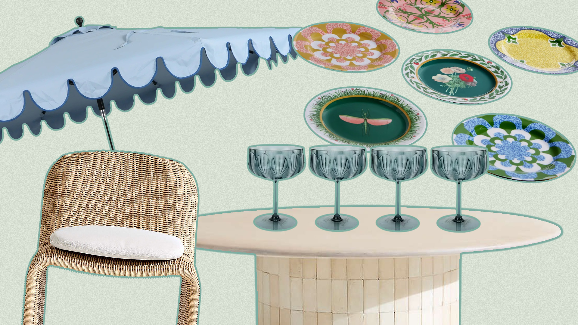 Collage of umbrella, dessert place, colored coupe glasses, coffee table, and patio chair 