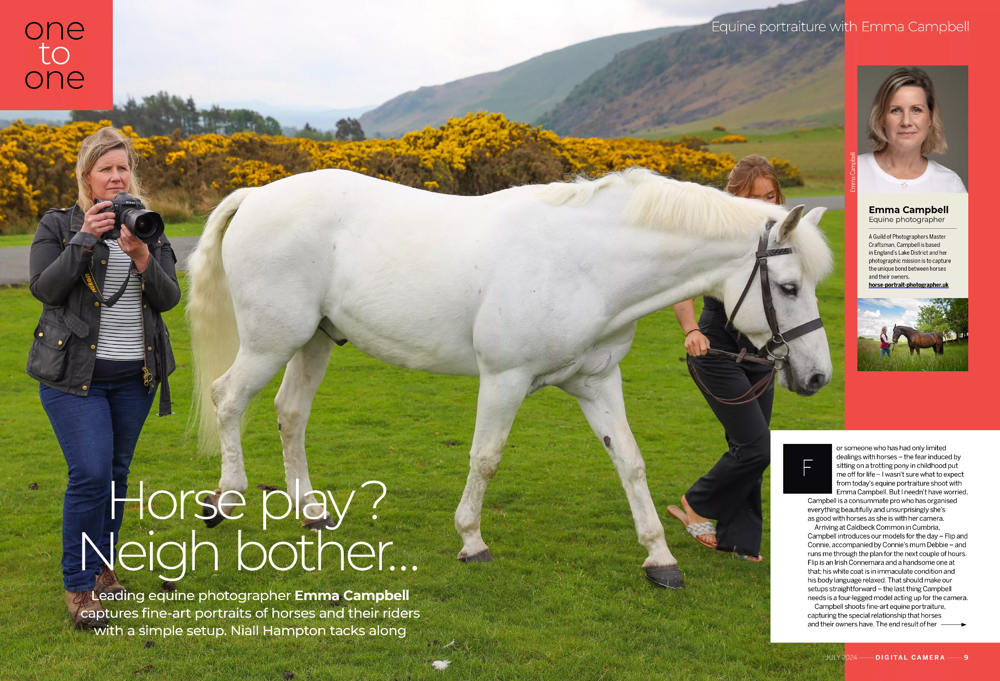 Opening two pages of One to One pro masterclass with equine photographer Emma Campbell, in the July 2024 issue of Digital Camera magazine