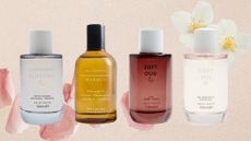A collage of M&S perfumes, including Midnight Blossom, Apothecary Warmth, Soft Oud and Soft Iris arranged in a line, on a beige background with pink rose petals and white flowers. 