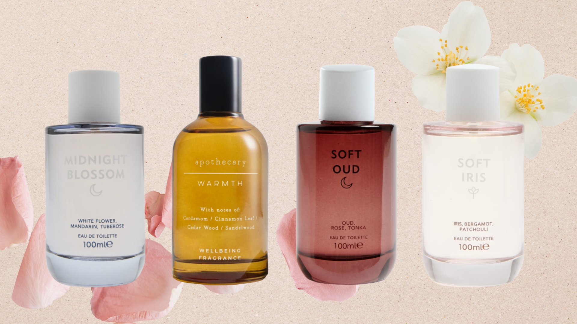 A collage of M&amp;S perfumes, including Midnight Blossom, Apothecary Warmth, Soft Oud and Soft Iris arranged in a line, on a beige background with pink rose petals and white flowers. 