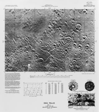 Mariner 9, a NASA probe in 1971-2, was the first to orbit the red planet, rather than fly-by, and produced what were, for the time, remarkably detailed maps of the planet. This image of the Oxia Palus Quadrangle, taken by Mariner 9, shows a large area of Mar’s surface. The horizontal extent of the map is a full quarter of the planet's circumference, while the vertical axis runs from the equator (the bottom edge of the map) one third of the way towards the planet's North Pole. The Oxia Palus Quadrangle is one of 30 regions that NASA split Mars into for the purpose of mapping.
