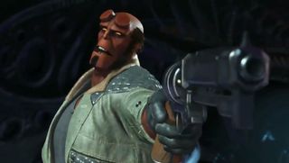 Hellboy points a gun