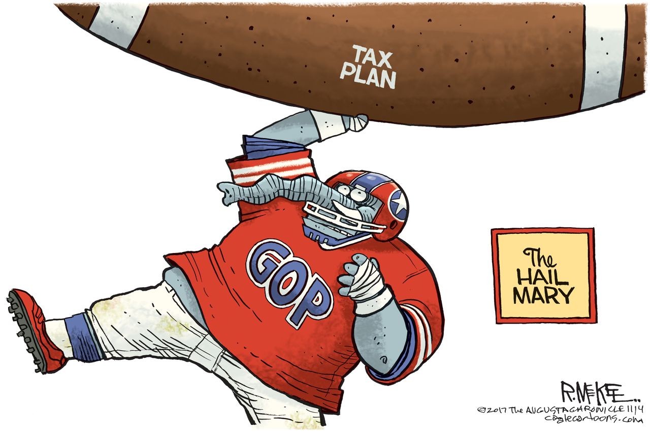 Political cartoon U.S. GOP tax plan football