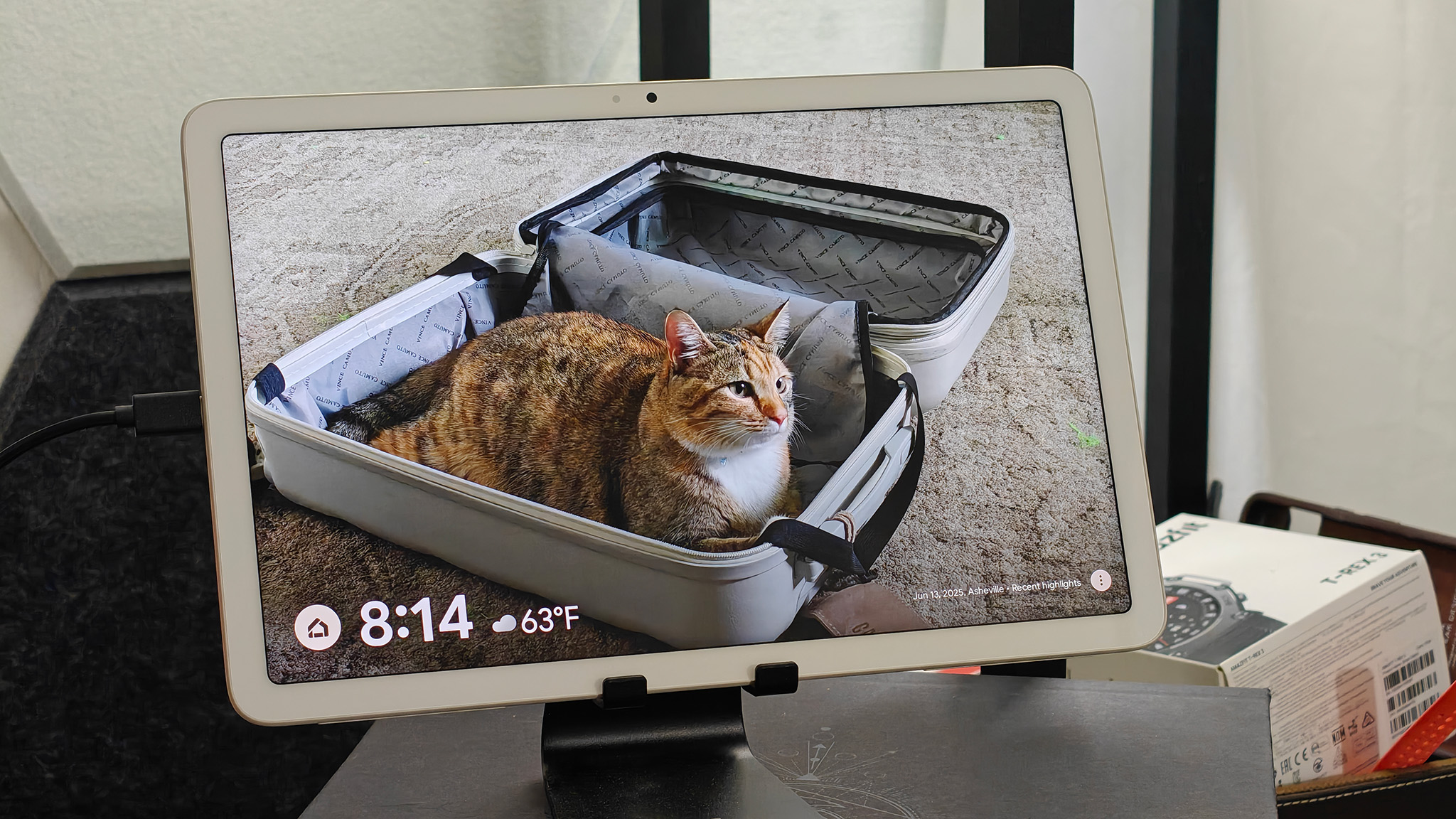 A Google Pixel Tablet on a tablet stand running in Hub Mode while charging. On the screen is a picture of a cat in a suitcase via Google Photos