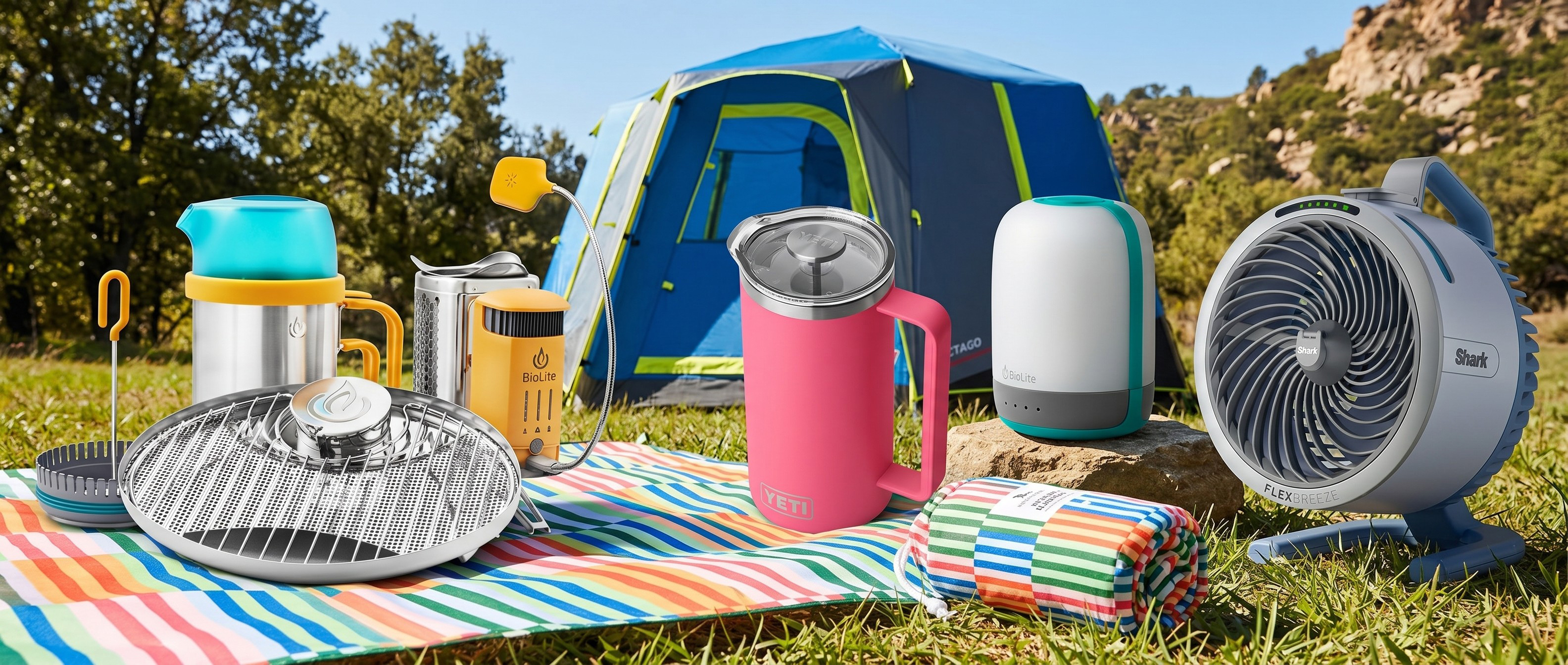 Tent and glamping kit on a grassy field