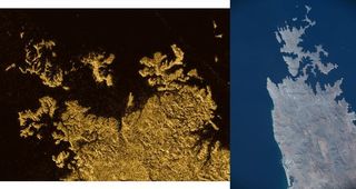 Left: Part of Titan’s Ligeia Mare, showing a coastline with valleys drowned by a sea of liquid methane. Right: The Musandam peninsula, Arabia, where coastal valleys are similarly drowned, but by a saltwater sea.