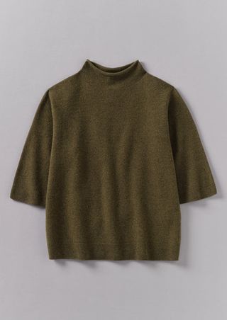 Fine Wool Cashmere Half Sleeve Sweater | Olive Melange