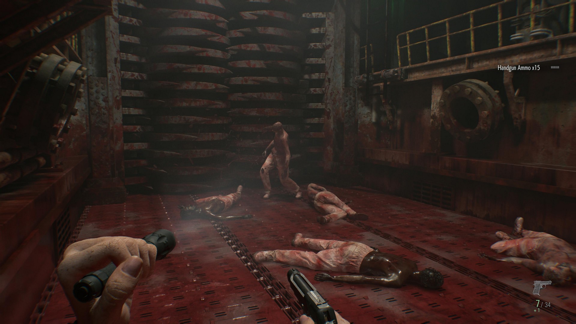 Grace is on an active blood-stained conveyor belt that transports zombie bodies to a grinder in Resident Evil Requiem, with some of them shambling towards her