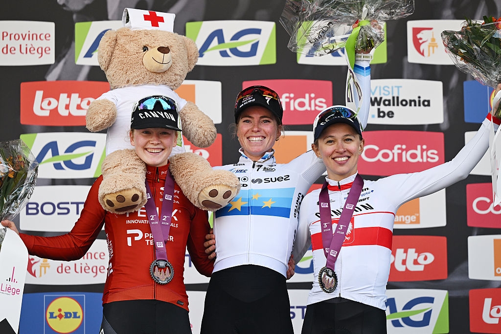 Puck Pieterse (Fenix-Premier Tech), Demi Vollering (FDJ United-SUEZ) and Kasia Niewiadoma (Canyon-Sram-zondacrypto) after the 10th Liege-Bastogne-Liege Femmes. (Photo by Luc Claessen/Getty Images)