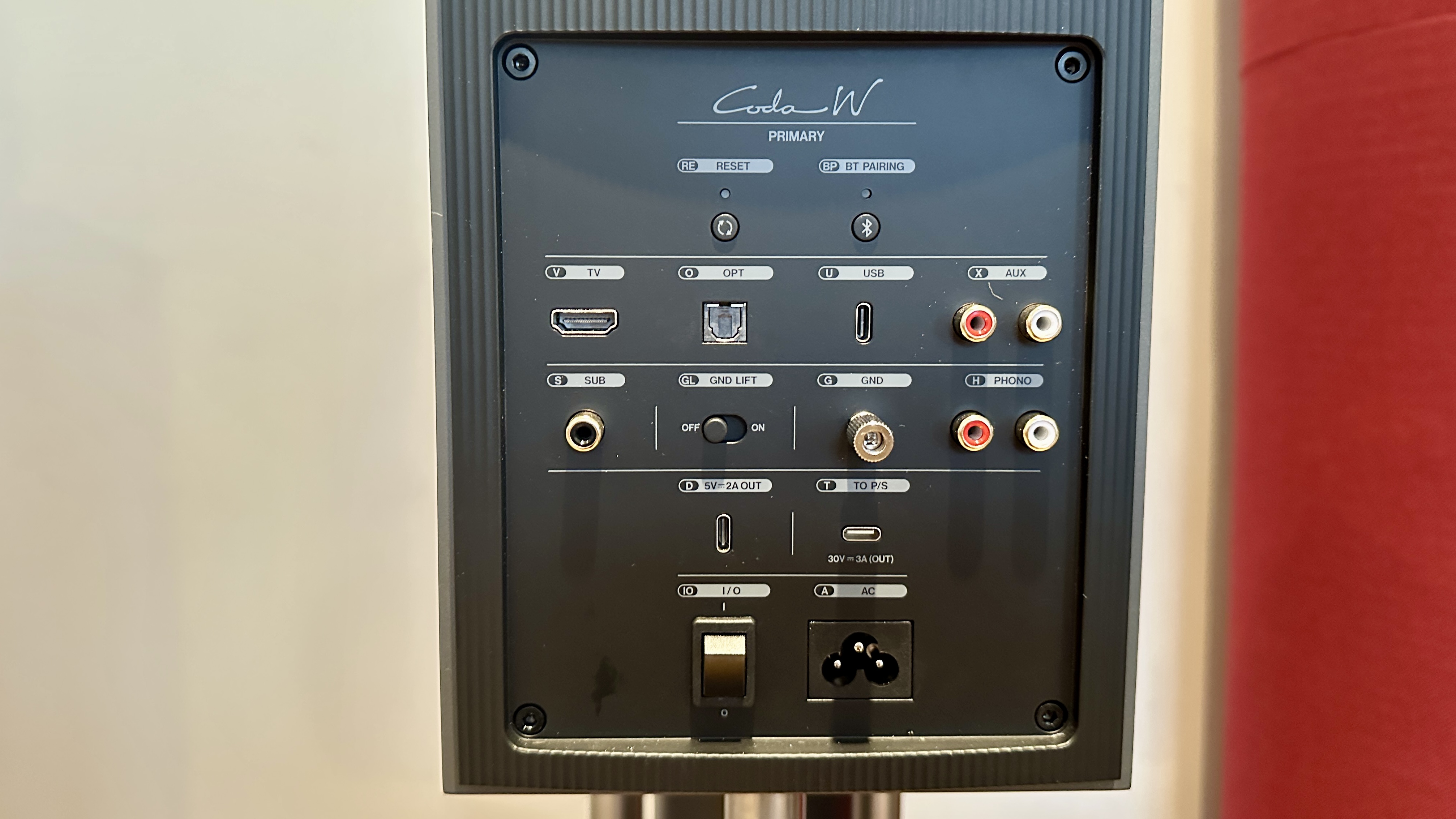 Rear panel of the KEF Coda W active speaker system.