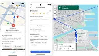 Screenshots showing future Google Maps features for EV drivers.