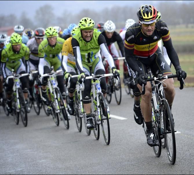 Belgian champion Tom Boonen (Omega Pharma-Quick Step) at the head of the peloton.