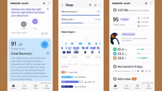 Three screenshots of the Samsung Health App, highlighting sleep analysis and score, next to weekly overview in the app of activity and recovery