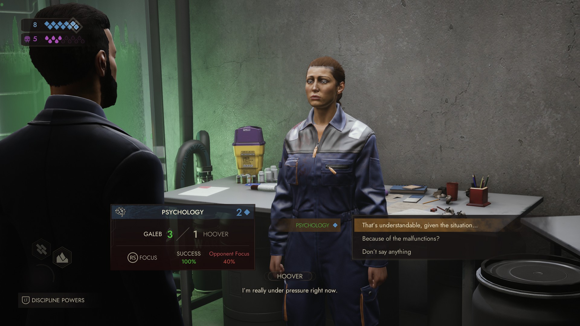 Galeb talks with an engineer in Vampire: The Masquerade - Swansong