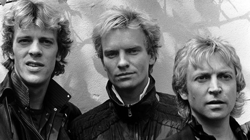 The Police - Stewart Copeland, Sting And Andy Summers, black and white photo 1983
