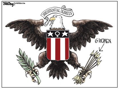 Political Cartoon U.S. Eagle Debates Women's Rights