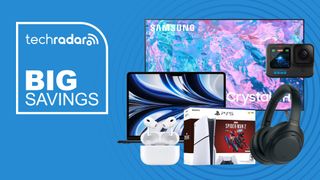 Various products from the Best Buy weekend sale on a blue background