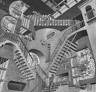A sketch of Penrose stairs going in different directions, with people walking them.