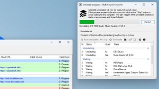 The uninstallation process underway in BCUninstaller, showing which apps are currently being removed and their progress.
