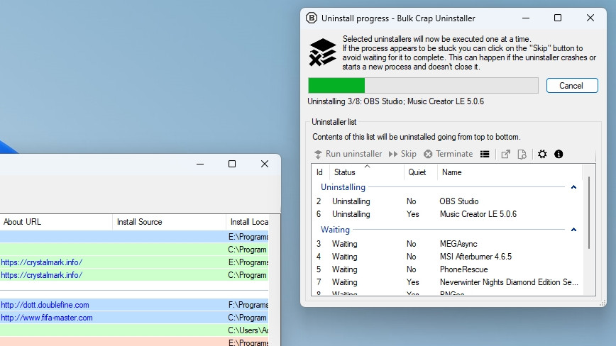 The uninstallation process underway in BCUninstaller, showing which apps are currently being removed and their progress.