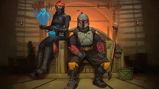 Boba Fett sits on his throne next to an Ammo Crate from Fortnite and his ally Fennec Shand