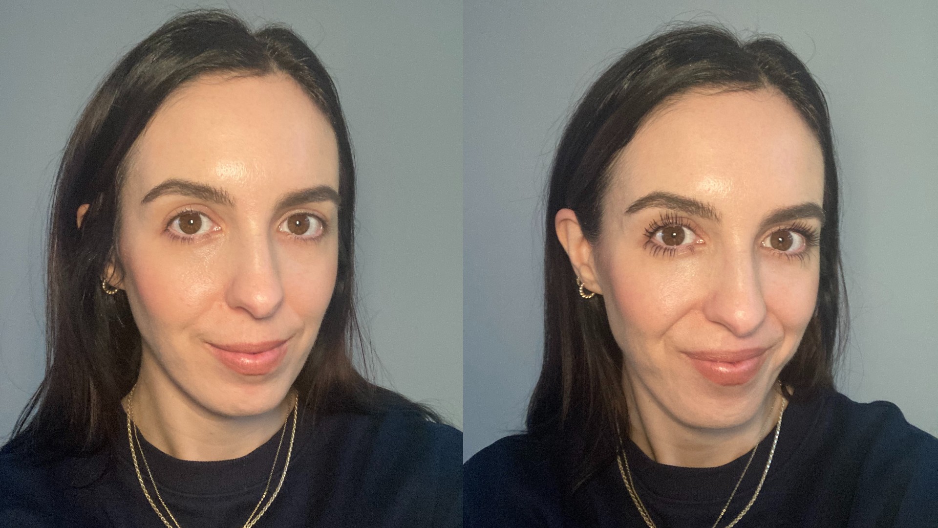 Beauty Editor Stephanie pictured with no mascara and then wearing Maybelline Sky High Mascara