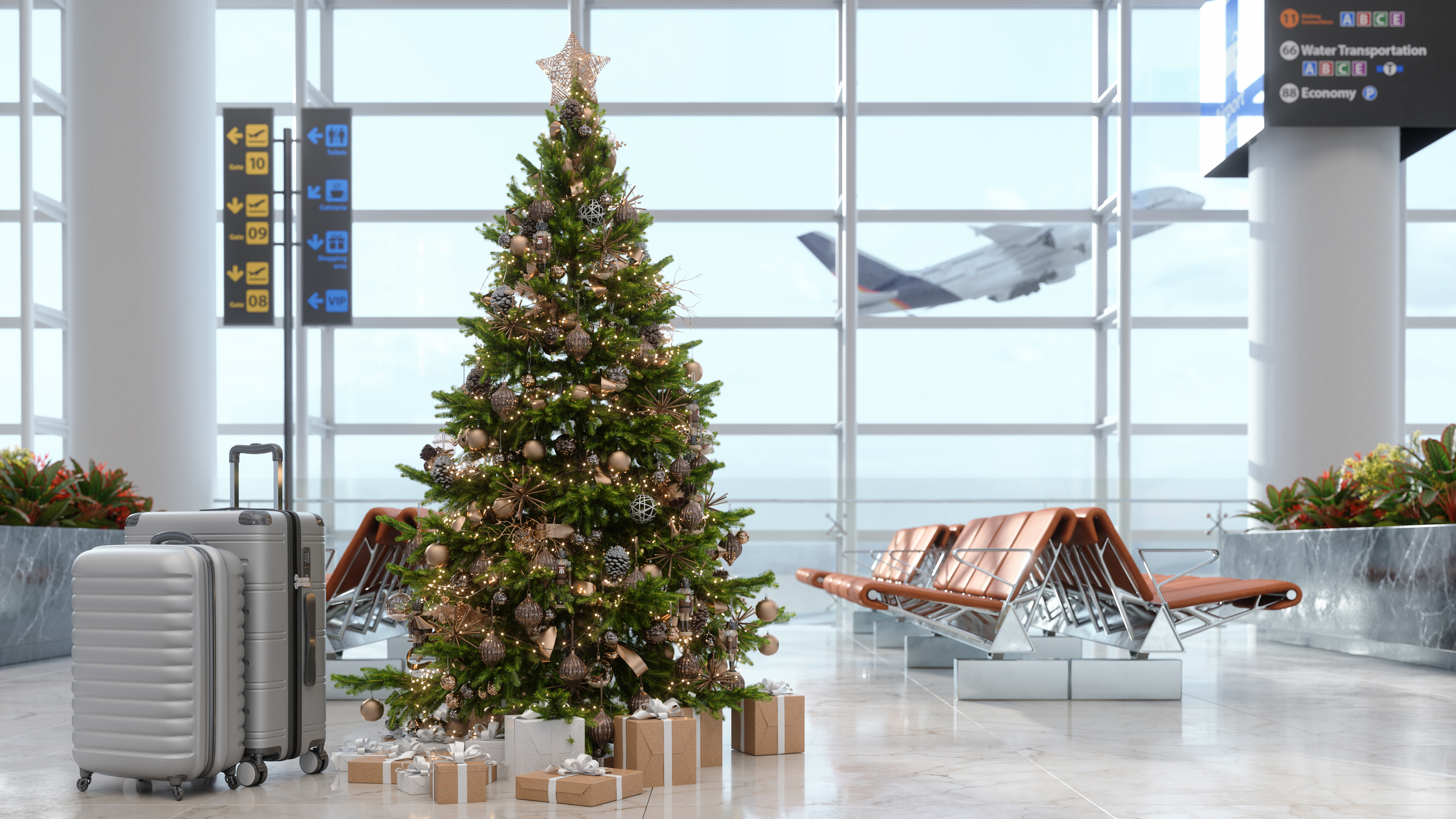 an airport at Christmas time