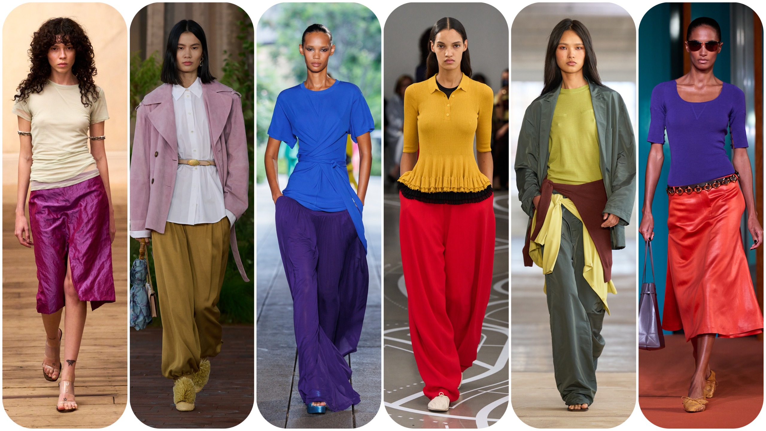 collage of color combinations on the Spring 20267 runways of Ashlyn, Eckhaus Latta, Tibi, Tory Burch, Ulla Johnson, and Diane Von Furstenberg
