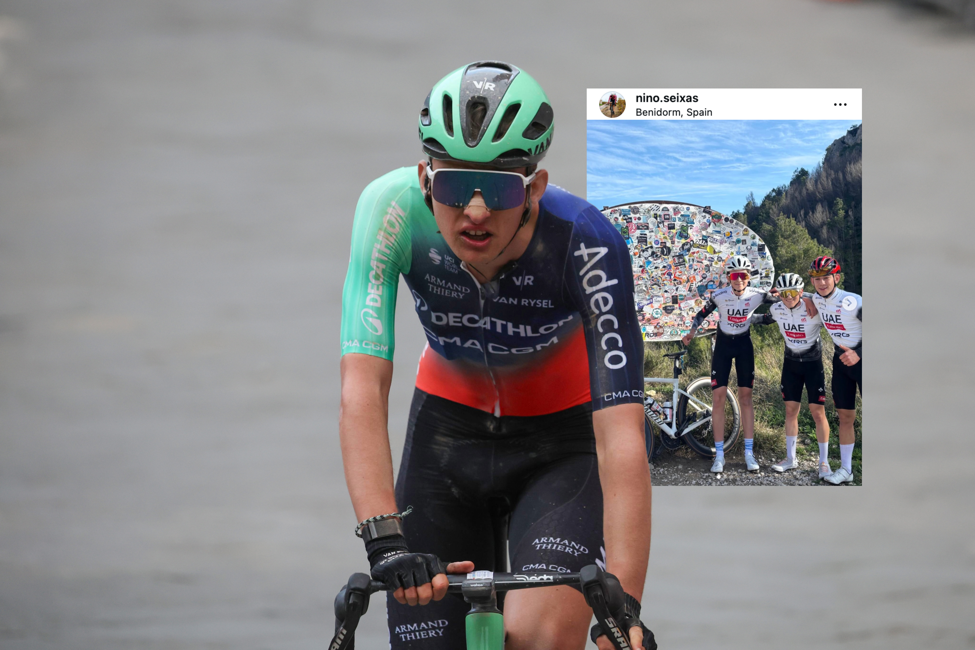 Paul Seixas at the end of Strade Bianche with an Instagram inlay behind