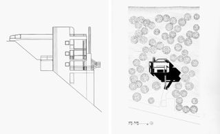 Paper drawings of Douglas House architectural plan