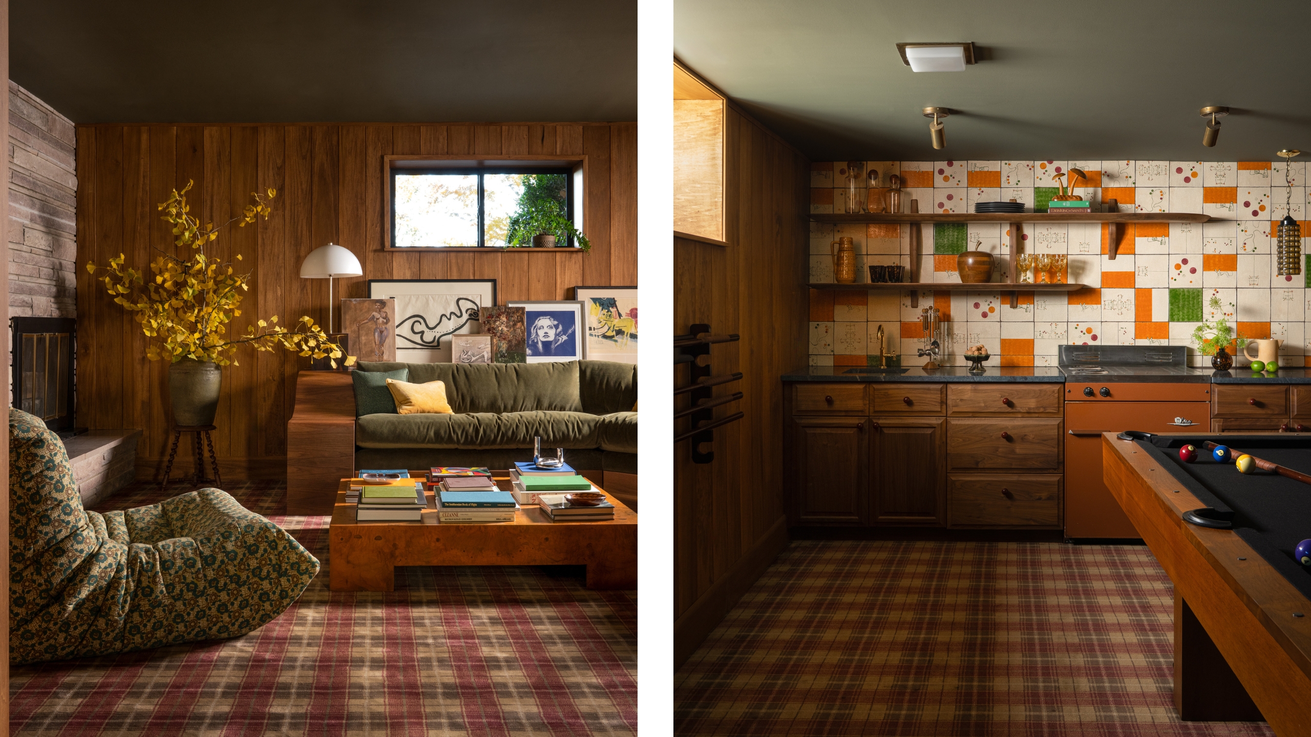 A mid-century family room with a built-in velvet green sectional and upholstered vintage chair next to an image of a mid-century bar-meets-games room with abstract orange, white, and green wall tiles