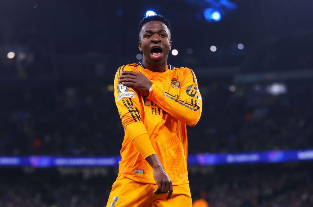 Vinicius Junior of Real Madrid celebrates after scoring their team&#039;s second goal during the UEFA Champions League 2024/25 League Knockout Play-off first leg match between Manchester City and Real Madrid C.F. at Manchester City Stadium on February 11, 2025 in Manchester, England.