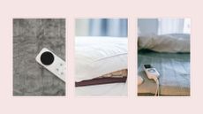 Images of electric blankets on the bed, electric blanket remotes, and an electric blanket on a pink woman&home background