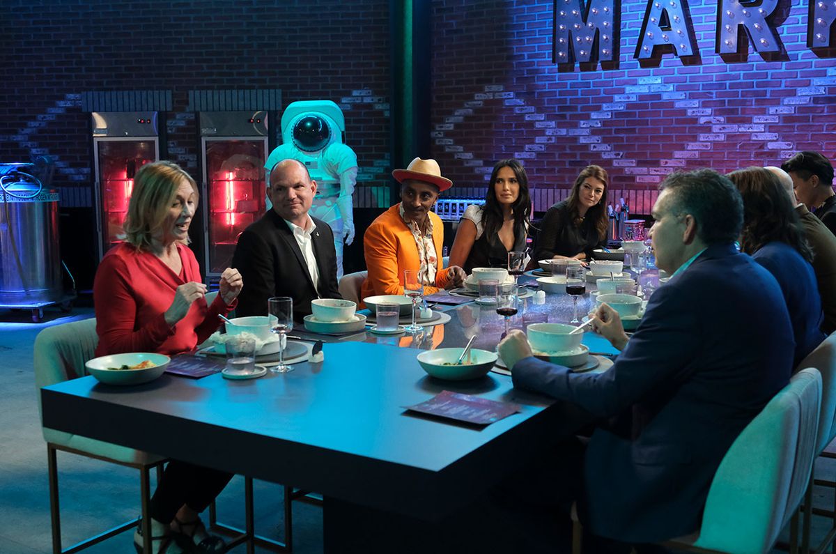 Astronaut Susan Kilrain critiques a chef&#039;s space food concoction while fellow astronaut Tony Antonelli and other guest judges listen in the &quot;Top Chef Houston&quot; episode &quot;Dinner in Zero Gravity.&quot;