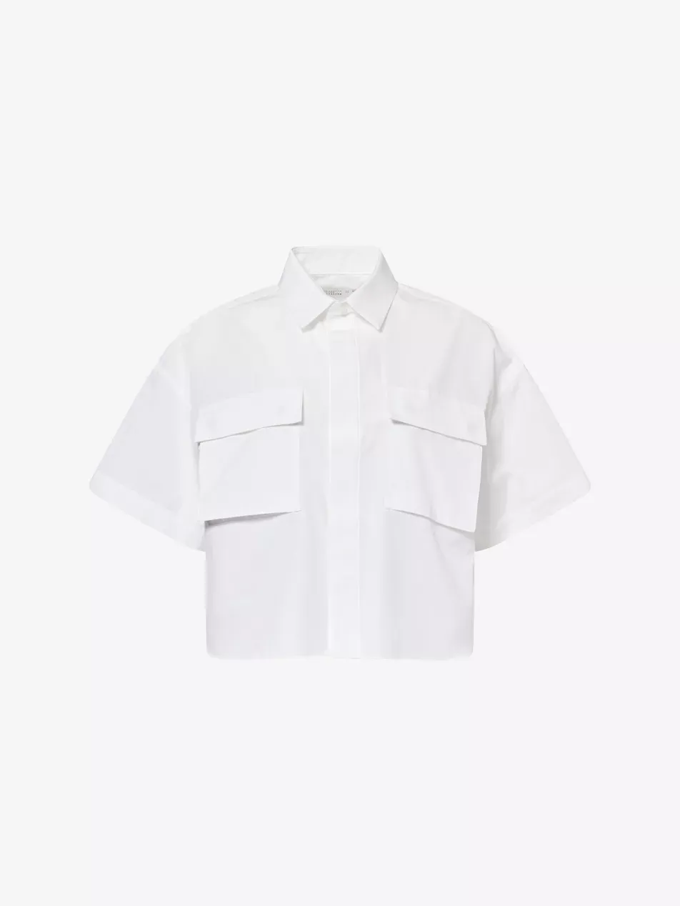 Cropped Pleated Woven Shirt - Xs