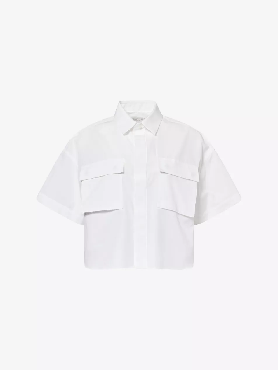 Cropped Pleated Woven Shirt - Xs