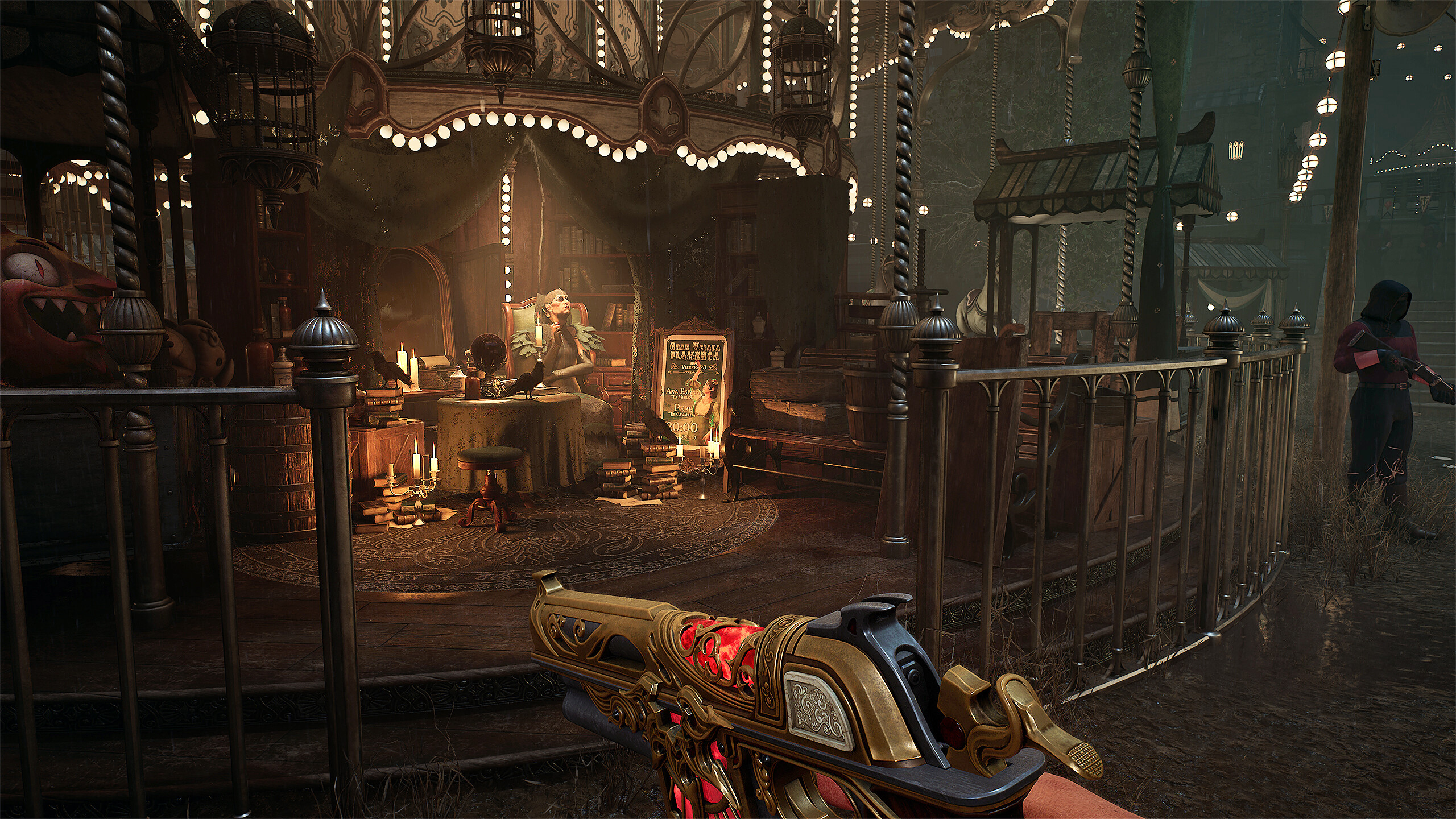 Crisol screenshot showing a character exploring a dark fantasy world with a gun powered by blood in hand