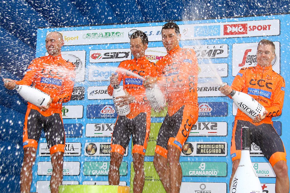 CCC Sprandi Polkowice celebrate winning stage 1b win at Coppi e Bartali
