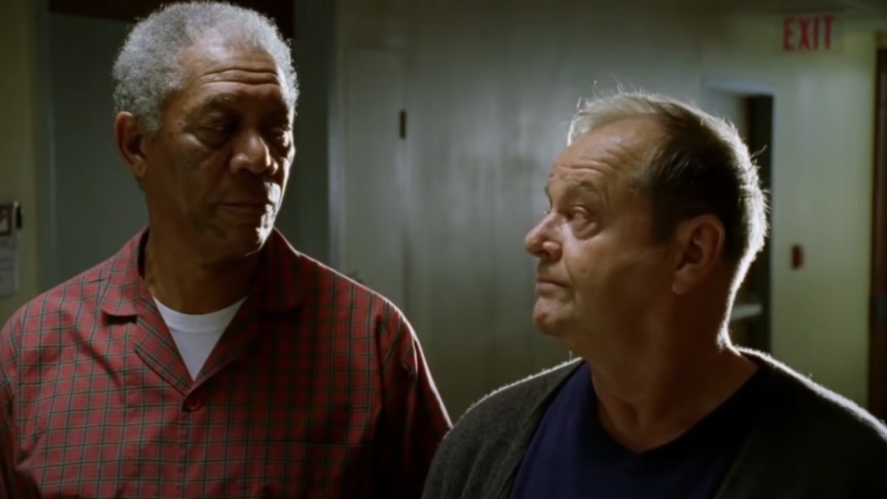 Carter Chambers (Morgan Freeman) and Edward Perriman Cole (Jack Nicholson) talk in The Bucket List