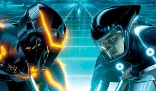 Tron: Legacy Sam Flynn and Rinzler race head to head on light cycles