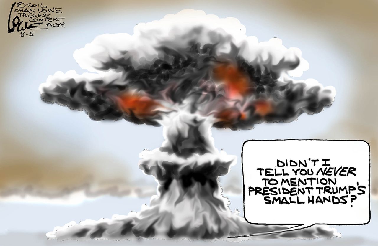 Political cartoon U.S. Donald Trump small hands explosion