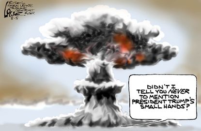 Political cartoon U.S. Donald Trump small hands explosion