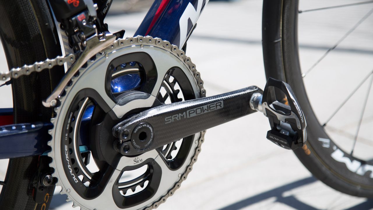 Bahrain Merida&rsquo;s bikes are sporting SRM's new ultra light power meter. While the cranks are labeled SRM Power, they look an awful lot like THM carbon cranks and are claimed to weigh 99g each.