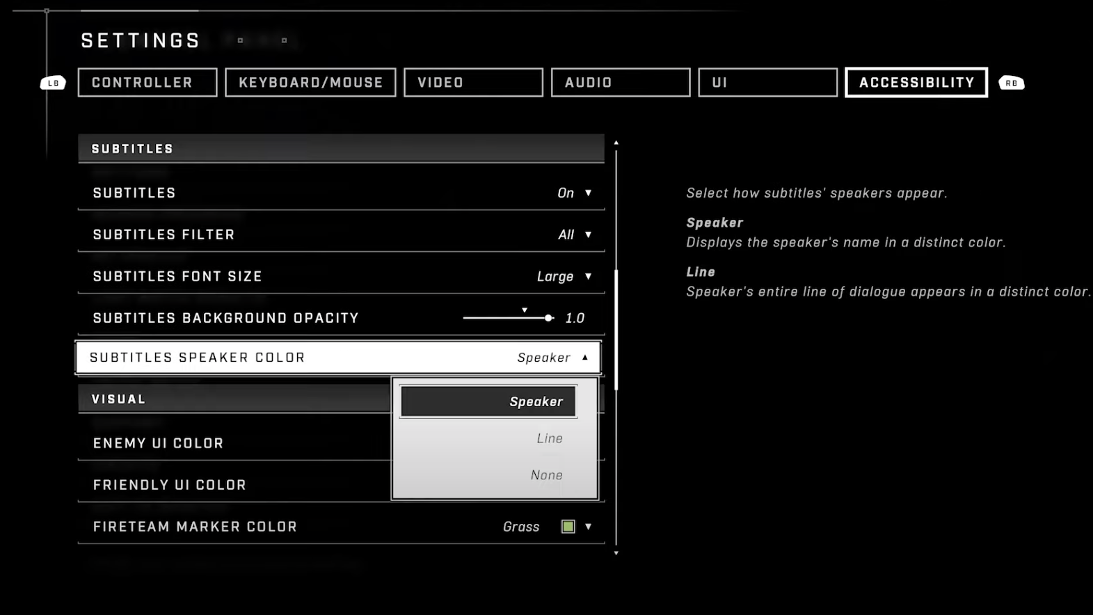 Halo Infinite accessibility settings subtitle menu