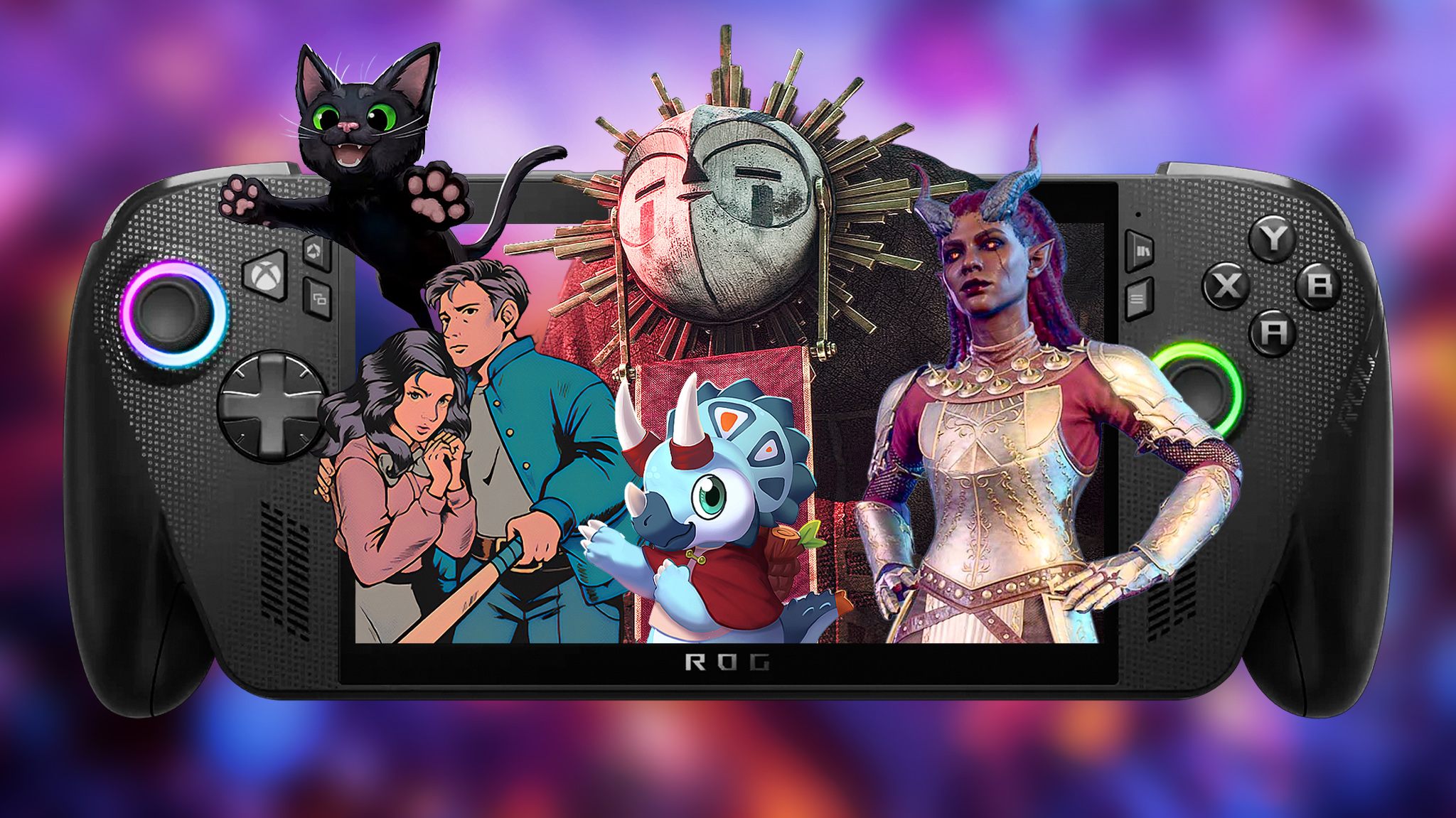 Xbox Ally X with various video game characters coming out of it. 