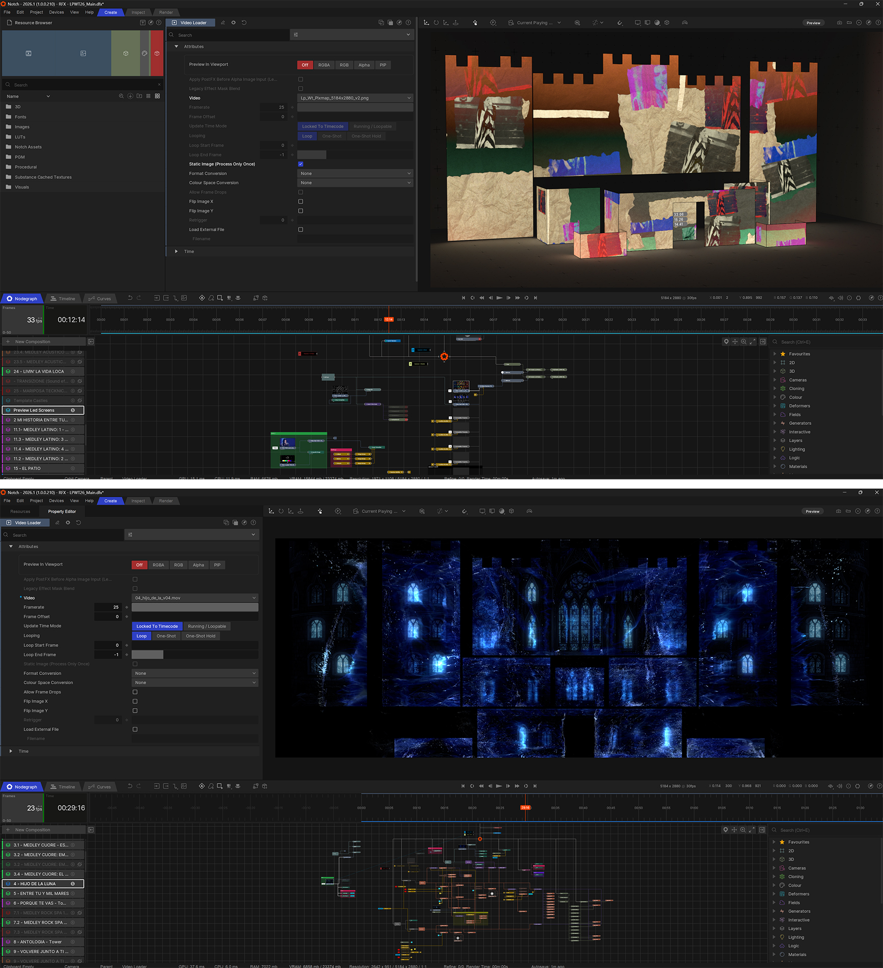 Two interfaces of node-based projection mapping software showing different visual effects mapped onto a 3D castle structure.
