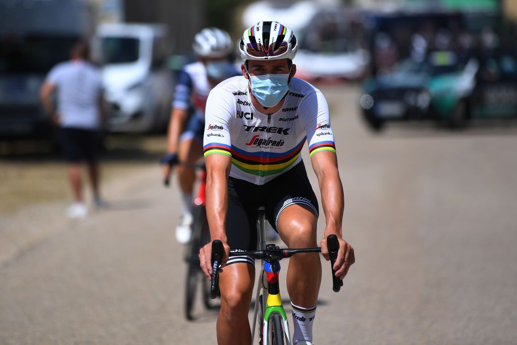 ESPINOSA DE LOS MONTEROS SPAIN JULY 30 Start Mads Pedersen of Denmark and Team TrekSegafredo Sargentes de la Lora Village during the 42nd Vuelta a Burgos 2020 Stage 3 a 150km stage from Sargentes de la Lora to Espinosa de los Monteros Picn Blanco 1486m VueltaBurgos on July 30 2020 in Espinosa de Los Monteros Spain Photo by David RamosGetty Images