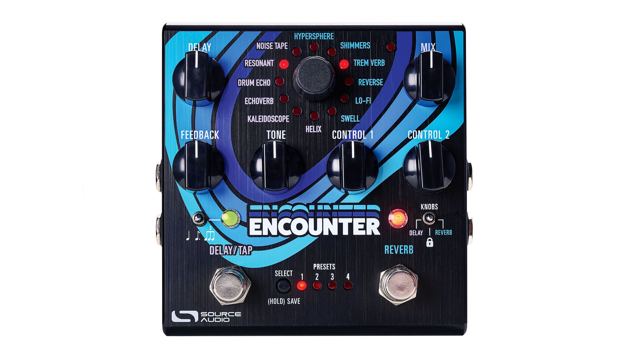 The Source Audio Encounter delay and reverb pedal is photographed here in close-up against an industrial metal background.