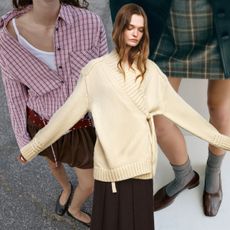 Reformation Inez Pumps; Zara Multi-Positional Plaid Shirt and Knit Kimono Wrap Jacket