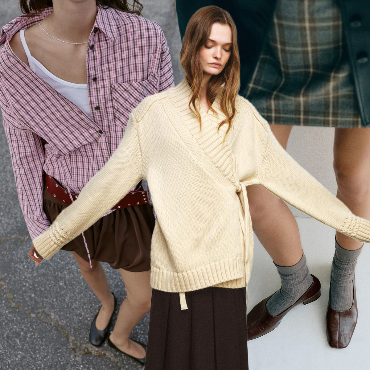 Reformation Inez Pumps; Zara Multi-Positional Plaid Shirt and Knit Kimono Wrap Jacket